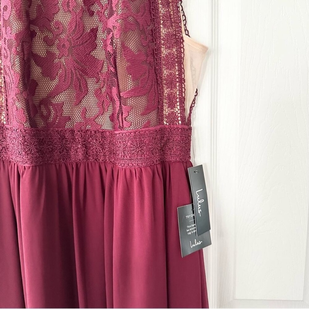 Lulu’s Burgundy Nude Lace Forever and Always Maxi Dress Formal Gown Large NWT